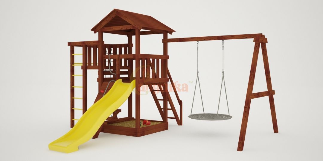 Детская площадка Савушка Мастер 3 с качелями Гнездо 1 метр - Махагон